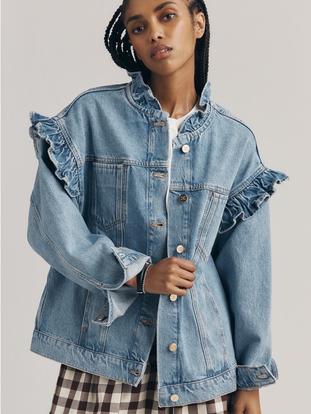 Anthropologie Maeve Denim Ruffle Trucker Jacket- XS